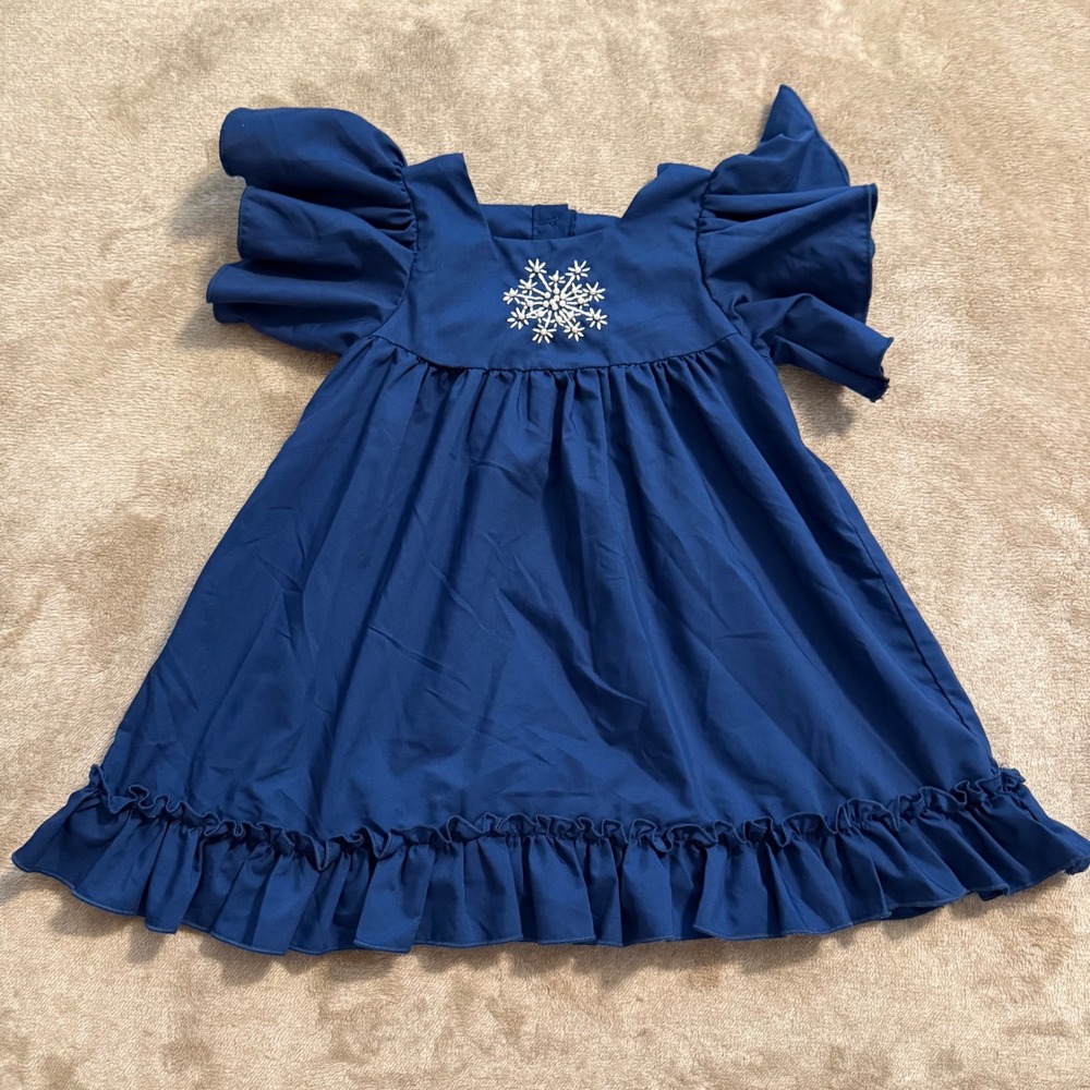 Small Fry Navy Blue Snowflake Pearl Ruffle Sleeve Dress 18M Hand-Made Holiday